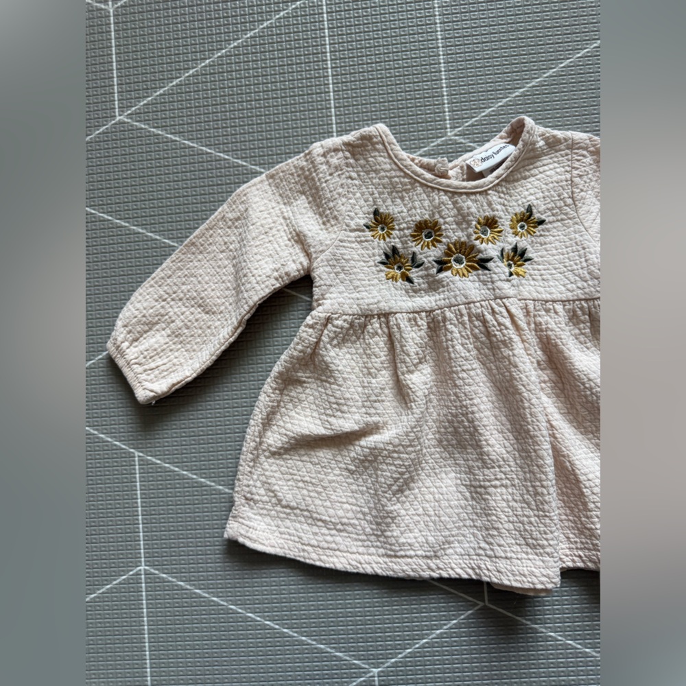 Daisy Fuentes|Baby girl Cream Quilted long sleeve Dress w Sunflower Embroidery•